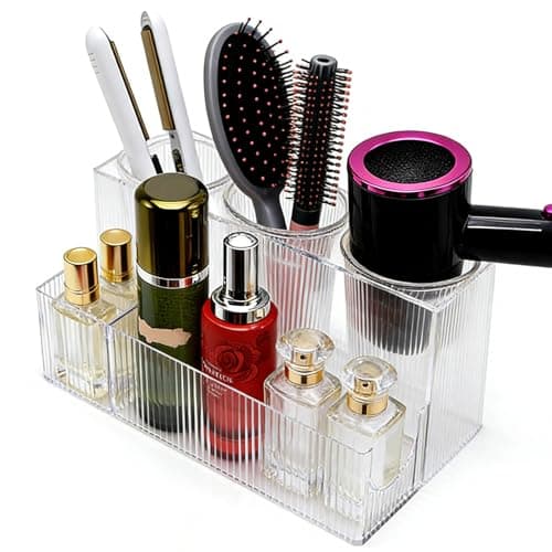 Glowspire Clear Wave Hair Tool Organizer, Acrylic Hair Dryer Stand with 3 Removable Cups, Ideal for Makeup Vanity and Bathroom Storage - Image 1