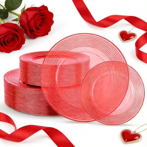 FLOWERCAT 100PCS Clear Red Plastic Plates Disposable Plates for Party - Heavy Duty Plastic Plates - 10" &7" Plate for 50 Guests Parties&Wedding& Valentine's Day Events - Image 1