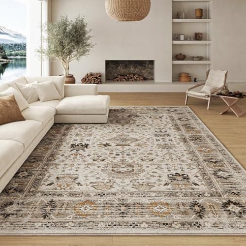 5x7 Area Rug, Short Pile Non-Slip Washable Foldable Floor Mat for Living Room Bedroom Dining Room Kids Room Office, Modern Decorative Carpet in Beige and Yellow - Thumbnail 2