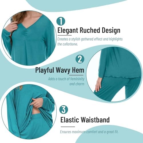 Navisting Women's Soft Knit Pajamas Set V-Neck Top and Pants Long Sleeve Two Piece Loungewear Elegant Wavy Hem Sleepwear with Color Options Teal M - Thumbnail 5