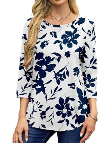 NORACORA Women's 3/4 Length Sleeve Crew Neck T-Shirt - Printed Casual Basic Tops White Blue - Thumbnail 2