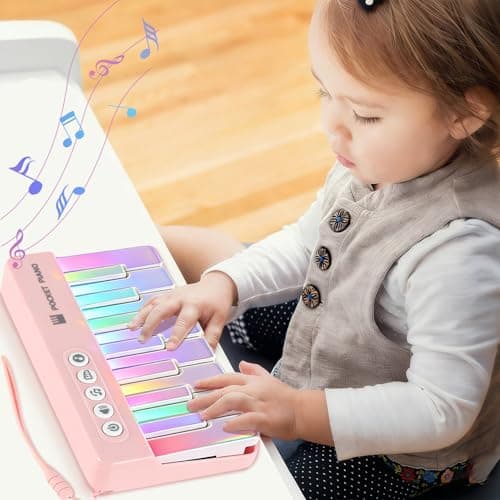 Kids Mini Piano Toy - Portable 15-Key Keyboard with Rainbow Lights, Toddlers Musical Instrument Learning Toys Birthday Gift for Ages 2-6 Boys & Girls (Pink) - Image 1