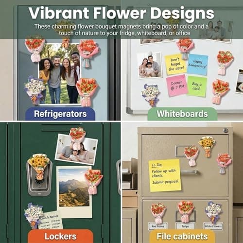 5Pcs Cute Flowers Fridge Magnets, Refrigerator Magnets with 5 Kinds Flowers of Sunflower, Roses, Lily, Carnation and Tulip Bouquet for Kitchen, Home Decor, Gifts for Women Men - Thumbnail 5