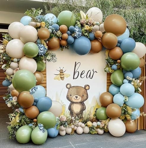 Blue Green Brown Balloon Garland Double Stuffed Dusty Blue Sage Green Balloons Olive White Sand Latex Balloon Arch Kit for Bear Baby Shower Birthday Woodland Wild One Party Decorations - Image 1