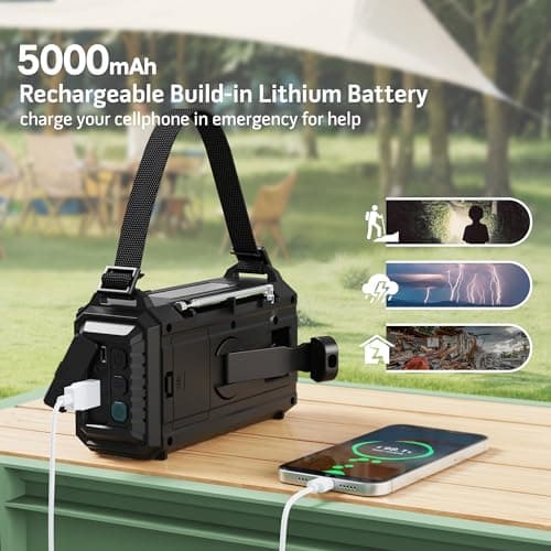 Auto NOAA Digital 5000 Weather Radio with Backlit LCD Screen, 5 Way Powered Solar Hand Crank Portable AM/FM/Shortwave Emergency Radio/Phone Charger,Read Lamp/Camping Flashlight,Earbud Jack,Clock,SOS - Thumbnail 6