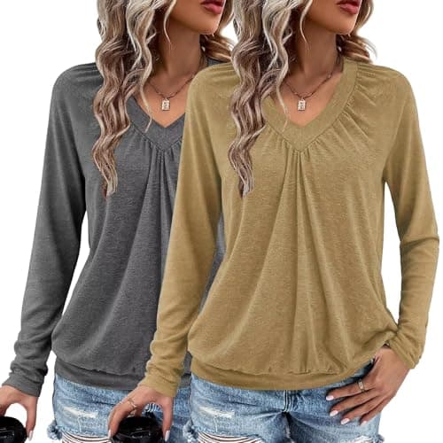AIZHINENG 2 Pack Women Tops Long Sleeve Shirts V Neck Loose Fit Soft Casual Solid Color T-Shirts Fall Clothing (US, Alpha, X-Large, Regular, Regular, Dark Gray+Dark Khaki) - Image 1
