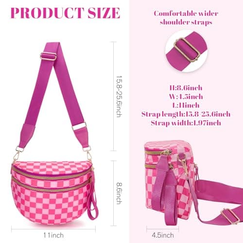 WOOMADA Checkered Crossbody Bag Bum Bag for Women, Fanny Pack Checkered Purse, Belt Bag with Shoulder Strap(Hot Pink Checkerboard) - Thumbnail 2