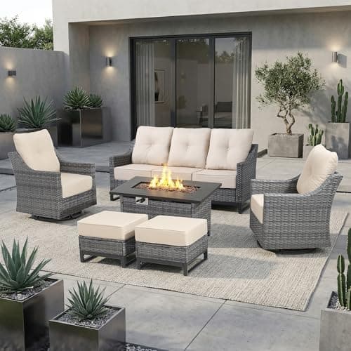 Domvaranique 6 Piece Patio Furniture Set with Fire Pit, Grey Wicker Outdoor Conversation Set with 2 Swivel Rocker Chairs, Sofa, 2 Ottomans and Rectangular 60,000 BTU Fire Pit Table for Porch, Deck - Image 1