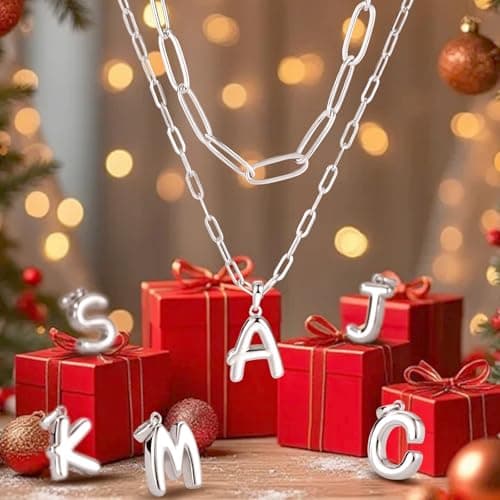 adoyi Easter Basket Stuffers Silver Initial Necklace for Women 14k Gold Plated Layered Bubble Letter Necklaces Trendy Jewelry Chain Name P Pendant Necklace Stack Birthday Valentines Gifts - Thumbnail 3