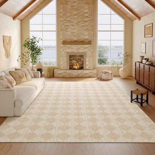 Washable Rug 5x7 – Soft Textured Area Rug with Non-Slip Backing, Modern Luxury Checkered Design, Machine Washable Carpet Perfect for Living Room, Bedroom, and Dining Room, Beige - Image 1