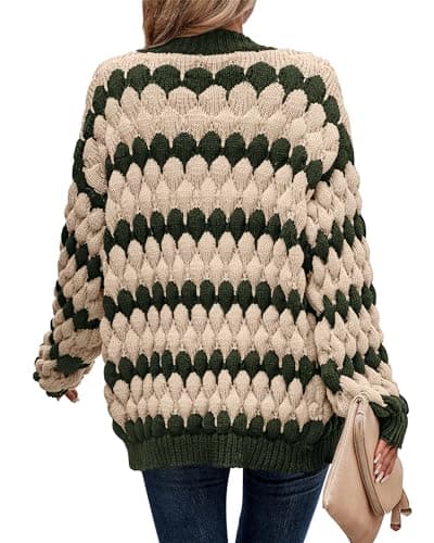 KIRUNDO Women Cardigan Oversized Puff Sleeve Open Front Striped Color Block Cable Knitted Cardigans Fashion Chunky Winter Sweater Coats Fall Clothes 2026(Army Green, Medium) - Thumbnail 2