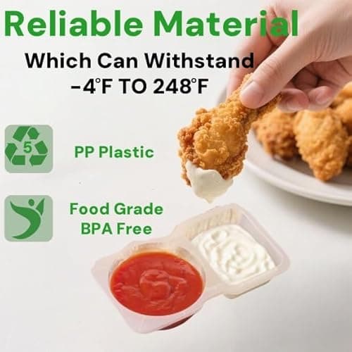 Carastora 50-Pack Snack Containers with Lids, Disposable Double Compartment Sauce Cups, Portable Plastic Boxes for Snacks, Dips, Meal Prep, Portion Control, School, Office, Camping & Travel - Thumbnail 4