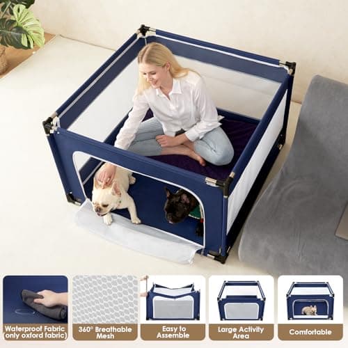EHEYCIGA 42x42x26 Inches Puppy Playpen Without Top Cover for Dogs & Cats Indoor or Outdoor - Dog Playpen with Door, Dog Fence for Small Animal with Heavy-Duty Oxford & Steel Frame, Navy - Thumbnail 4