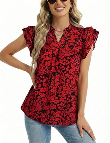 CiCiBird Women's V Neck Blouse Ruffle Short Sleeve Casual Dressy Floral Print Shirts Summer Tops Red Large - Image 1