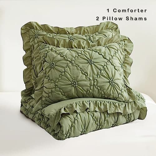 BEDAZZLED King Size Comforter Sets, Green Bedding Comforter Set, 3 Pieces Pinch Pleat Bedding Sets with Comforter and Pillowcases Soft Farmhouse Shabby Chic Comforter for All Season - Thumbnail 5