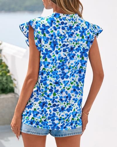 Zenlonr Womens Dressy Casual Tops 2026 Summer Ruffle Cap Sleeve V Neck Shirts Boho Floral Blouses Vacation Outfits(White Blue Flower,Small) - Thumbnail 3