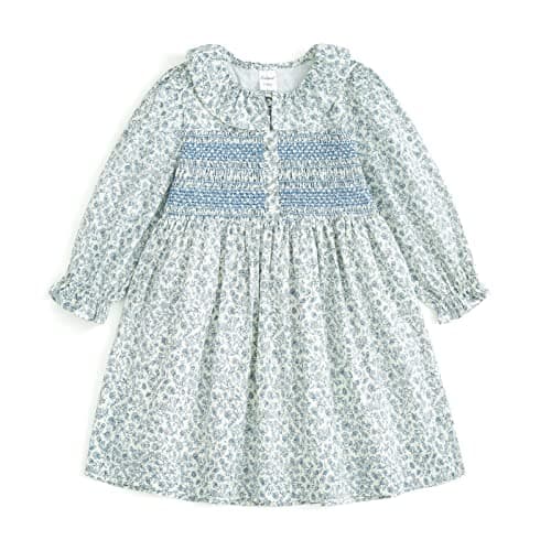 Curipeer Baby Girls Long Sleeve Floral Dress Flower Printed Smock Toddler Ruffle Dress for Autumn and Spring Blue 12M - Image 1