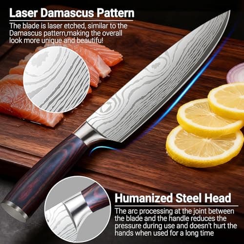 Chef Knife 8 Inch Kitchen Knife - Ultra Sharp Japanese High-Carbon Steel Chefs Knife, Professional Cooking Knives with Ergonomic Wood Handle & Gift Box - Thumbnail 6