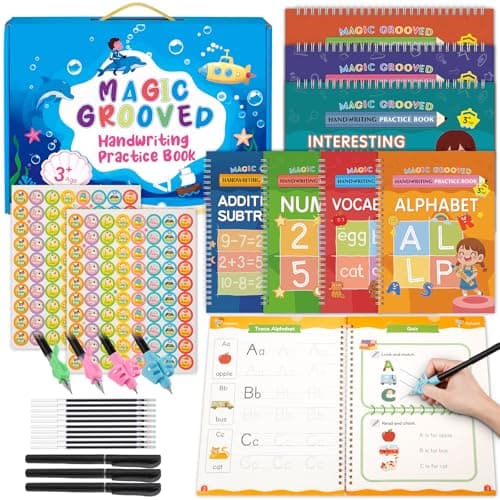 Magic Grooved Handwriting Practice Books for Kids Ages 3-5, Reusable Tracing Book, Preschool Learning Activity, Motor Skills Writing Workbook with Pencil Grips & Magic Ink Pens