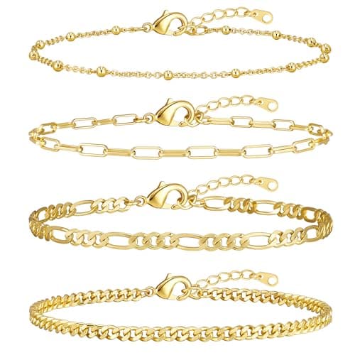adoyi Gold Ankle Bracelets for Women, 14K Gold Plated Ankle Bracelets for Women Waterproof Gold Anklet Set Cuban Figaro Link Paperclip Chain Beach Anklets Adjustable Gold Jewelry Set Gift 8.0 Inch - Image 1