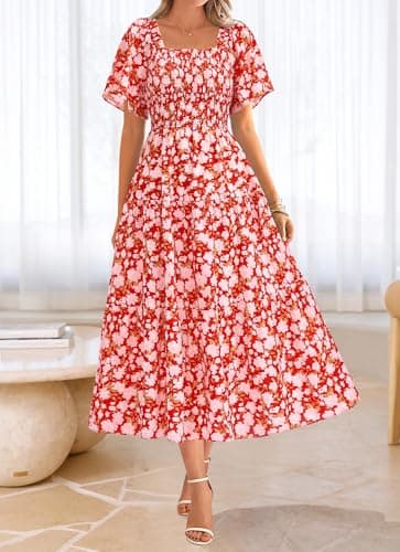 BTFBM Women's Clothing Wedding Guest Dresses Casual Boho Floral Short Sleeve Smocked Maxi Beach Spring Summer Dress 2026(Floral Red White, X-Large) - Thumbnail 2