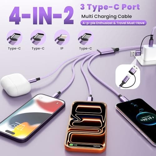 4 in 2 USB A/USB C Cable with 3 Type-C+ 1IP Ports, USB C Splitter Multi Charging Cables for Multiple Devices, Travel Essentials Car Charger Cord for iPhone17-12/Android/Pad and More (1Pack 5FT Purple) - Thumbnail 2