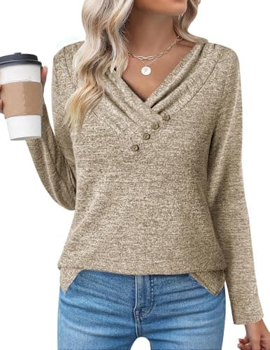 ALPSWARE Tunic Shirt Long Sleeve Basic Top V Neck Tunics Tshirt for Women 2025 Fall Khaki M - Thumbnail 2
