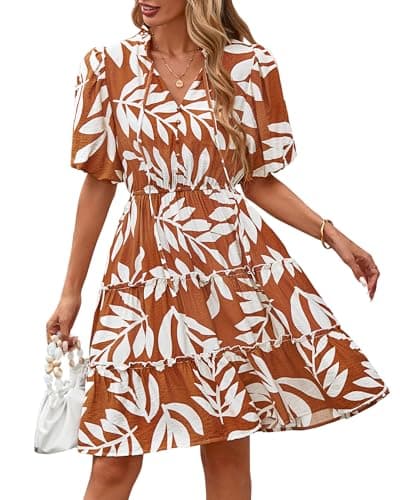 BTFBM Women Summer Floral Short Dresses V Neck Short Sleeve Tiered Ruffle Boho Swing Dress A-Line Mini Dresses(Floral Khaki,X-Large) - Image 1