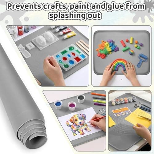 Extra Large Silicone Painting Mat for Crafts, 24”x 19” Waterproof Art Mat with Raised Sides for Paint, Clay Playdough, & Jewelry-Making (Grey) - Thumbnail 3