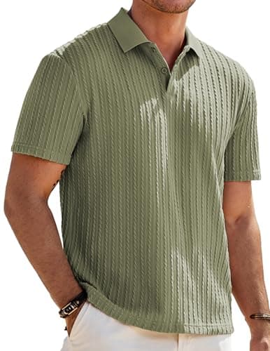 JMIERR Mens Polo Green Shirt Short Sleeve Casual Button Down V Neck Shirts Knit Shirt Texture, S - Image 1