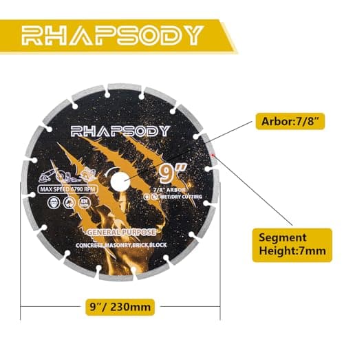 RHAPSODY 9 Inch Diamond Saw Blade 3pcs, Segmented General Purpose Blade Dry/Wet Cutting Concrete, Masonry, Brick, Block, Paver 7/8" Arbor - Thumbnail 2