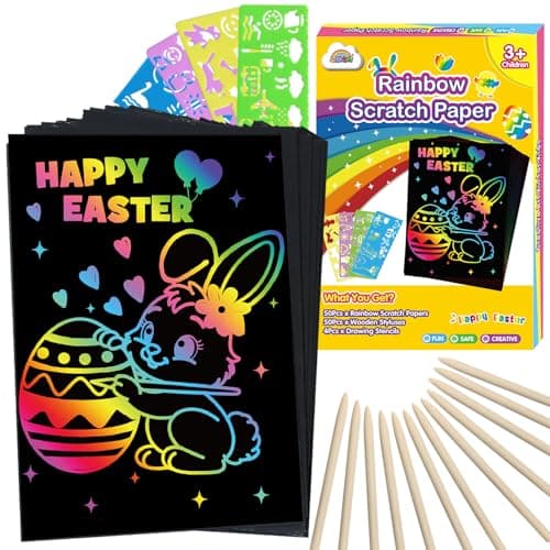 ZMLM Easter Arts Crafts Gifts for Kids: 100PCS Rainbow Scratch Paper Art Gifts for Girls Boys Ages 4-8 8-12, Easter Basket Stuffers for Kids Birthday Toys and Games Activities Gift (Yellow) - Image 1