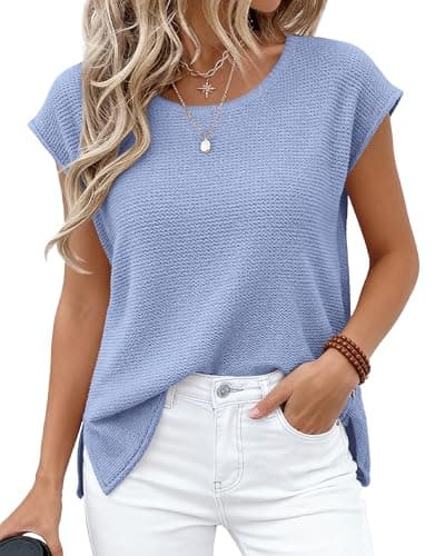 BTFBM Sweater Vest Women 2026 Spring Summer Cap Sleeve Crew Neck Casual Loose Business Tops Western Vacation Outfits(Blue, Large) - Image 1
