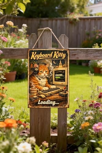 Keyboard Kitty Vintage Tin Sign Funny Cat Wall Decor Retro Computer Art Metal Plaque Geek Humor Loading Quote Coffee Desk Illustration Home Office 8x12 Inch Pre Drilled Holes - Thumbnail 2