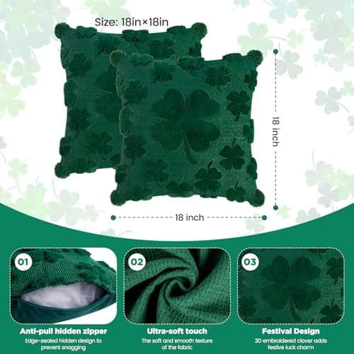 REBANDEN St Patricks Day Throw Pillow Covers Decorations 18x18 in 2-Piece Set,Green Pillow Covers Linen Spring Pillow Case Home Sofa St Patricks Day Decor. - Thumbnail 3