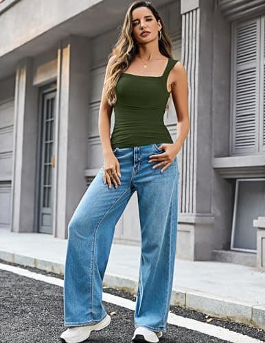 Totatuit Womens Tank Tops T Shirts Double Layer Square Neck Wide Strap Ruched Tee Tank Green - Thumbnail 5