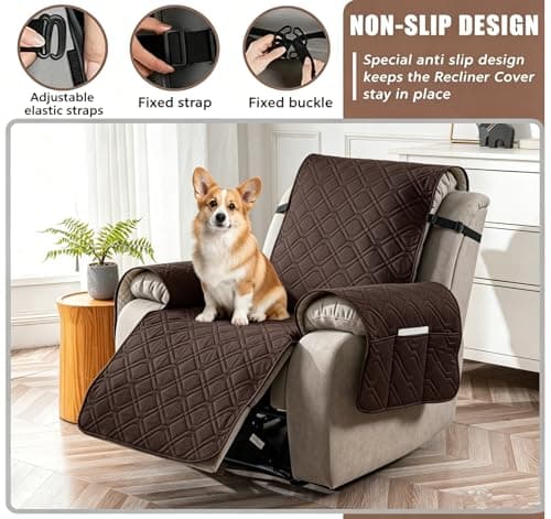 HONGPAS 100% Waterproof Recliner Chair Cover, Non-Slip Washable Recliner Slipcover with Elastic Straps & Side Pocket, Stay in Place Furniture Protector for Dogs Cats Kids(Chocolate, 23) - Thumbnail 2