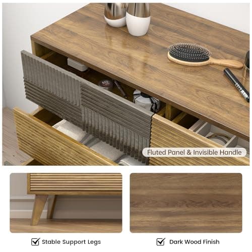 Hadulcet Wooden Dresser for Bedroom, 55” Wide Mid Century Modern Fluted 9 Drawers Dresser Storage Clothes for Closet Organizer, Handleless Design, Push to Open, Dark Wood - Thumbnail 6