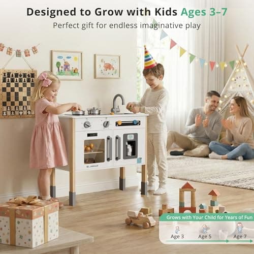 BlueWood Play Kitchen for Kids Toddlers - Wooden Chef Pretend Play Kitchen Set Toy Kitchen with 18 Pcs Toy Food & Cookware Accessories for Ages 3-7,Essential, White - Thumbnail 6