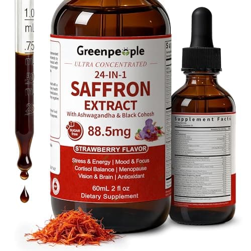 GREENPEOPLE Saffron Extract Supplements Drop - 24-in-1 88.5mg Saffron Extract with Ashwagandha,Black Cohosh & Lion's Mane for Mood&Focus,Stress Relief,Cortisol Reducer,Menopause – Vegan 2FL OZ - Image 1