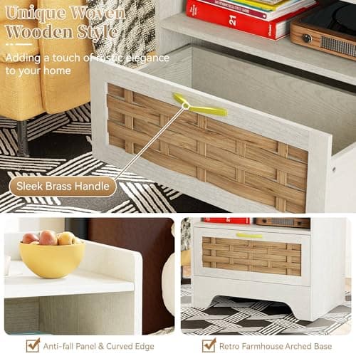 HOCAT 24" Rattan Nightstand, Boho Night Stand with Open Storage, White Bedside Table with Drawer, Bed Side End Table Dresser for Bedroom, Living Room, Hallway - Thumbnail 4