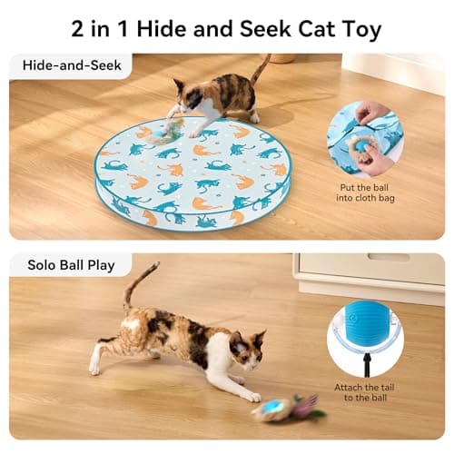 ZOMISIA Interactive Cat Toy Ball, Hide and Seek Cat Toys in Play Mat, Moving Rolling Kitten Toys for Indoor Bored Cats, Motion Activated Rechargeable Kitty Toys with 3 Tails/LED Light/Bird Chirping - Thumbnail 2