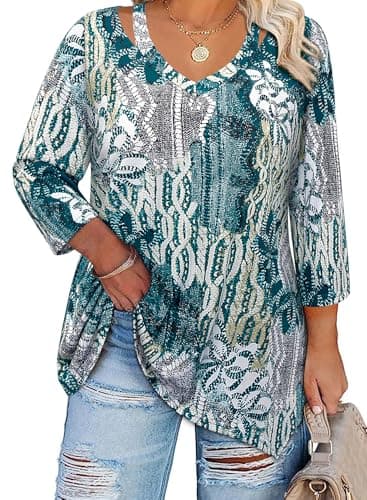 Amrto Plus Size Tunic Tops Cotton Blouses with Leggings 3/4 Sleeve Keyhole V Neck Pattern Tops for Curvy Women Curved Hem Stretchy 2026 Spring Clothes Beach Vacation Work formal, Green Wave, 2XL - Image 1
