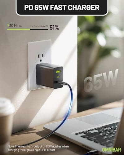 Omnibar 65W USB C Charger, 3-Port GaN Compact USB C Wall Charger Block with Foldable Plug, Type C Charger Fast Charging Block for MacBook, iPad, iPhone 17/16/15/14, Samsung S26/S25/S24, Switch, Black - Thumbnail 3