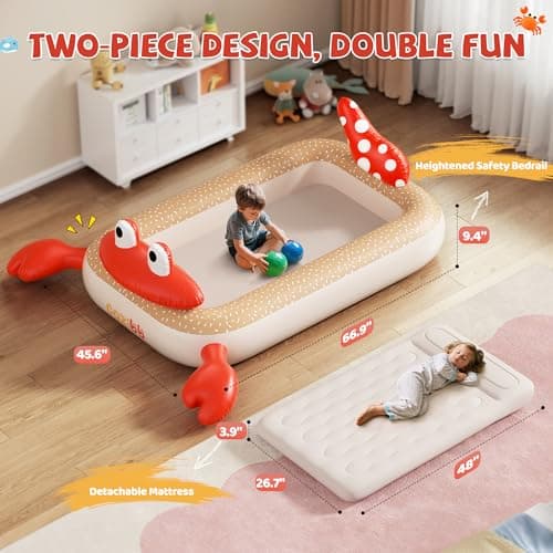 CoziBB Inflatable Toddler Travel Bed, Portable Travel Bed with Flocked Mattress, Built-in Pillow & Carry Bag, 4 Side Safety Bumpers for Toddlers-Hermit Crab - Thumbnail 2