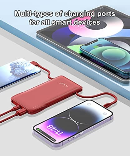 TG90° 10000mAh Slim Portable Charger with Built in Cable,Red - Thumbnail 2