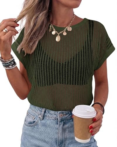 KIRUNDO Crochet Tops for Women 2026 Summer Beach Vacation Clothes Cover Up Mesh Top Lightweight Sweater Cruise Resort Wear(Army Green, Large) - Image 1