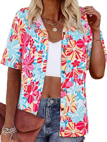 LILYCHIC Women Hawaiian Shirt Summer Floral Tropic Print V Neck Short Sleeve Button Up Beach Vacation Shirts Tops Blue XXL - Image 1