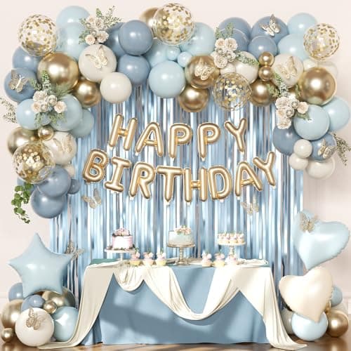 Blue Birthday Decorations, Dusty Light blue Sand White Gold Confetti Foil Balloons Happy Birthday Banner Gold Butterfly Fringe Curtains, Dusty Blue Birthday Decorations for Girls Women - Image 1