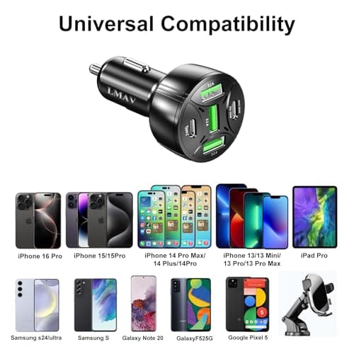 USB C Car Charger Adapter, 5 Ports 75W PD 3.0 Car Phone Charger Fast Charging Compatible with iPhone 16/15/14/13 Pro Max Series, iPad Pro, Galaxy S24/S23/S22/Note 20, Android, Pixel. - Thumbnail 4